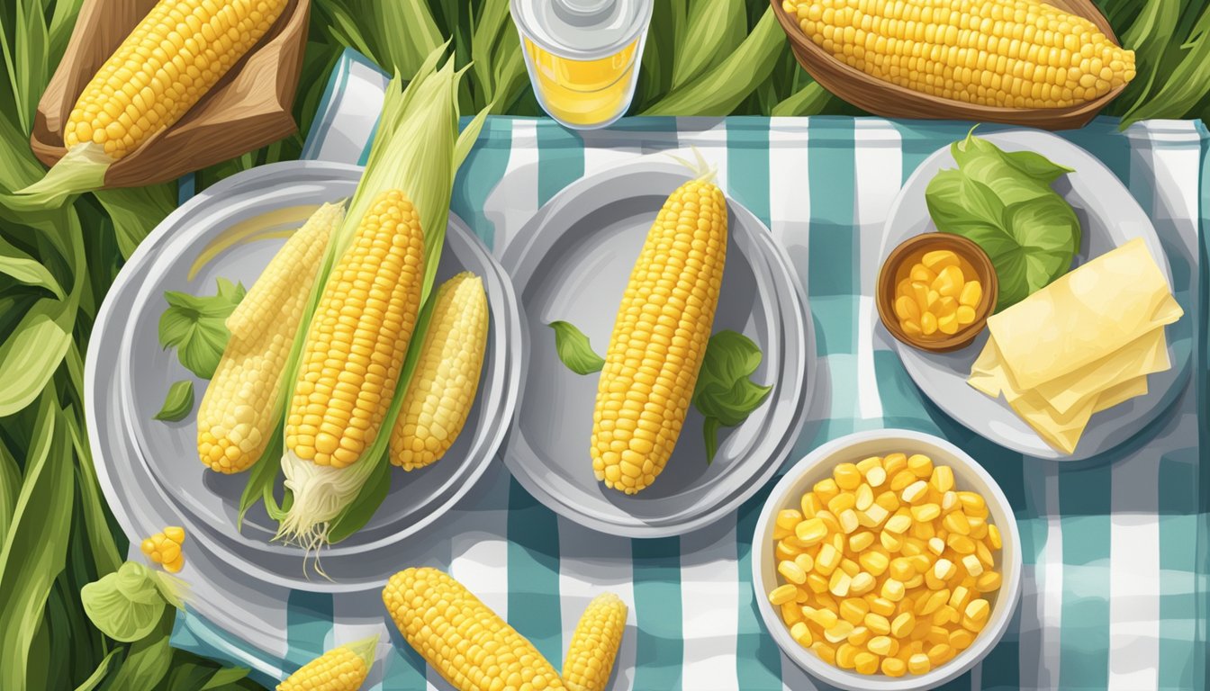 A picnic table with a plate of corn on the cob and a bottle of vitamins