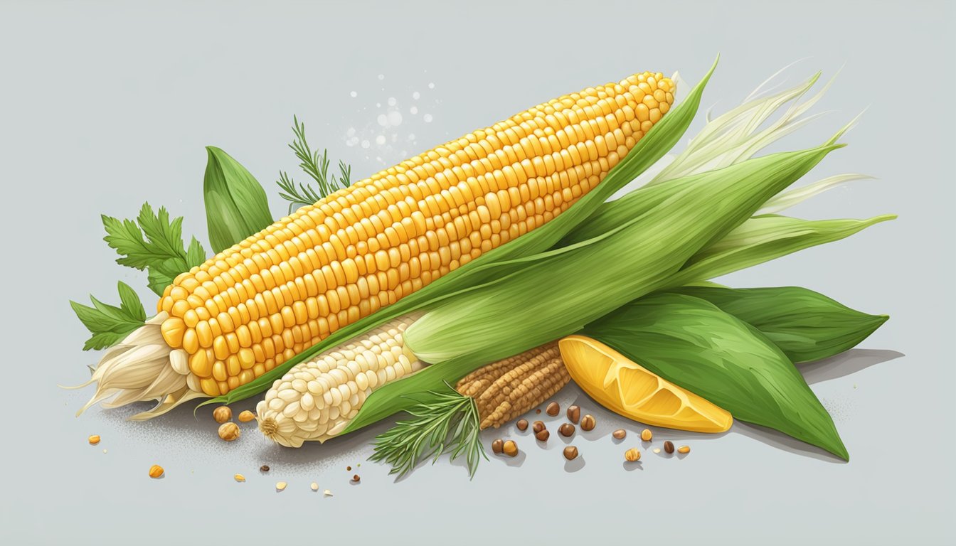 A steaming ear of corn with no butter, surrounded by fresh herbs and spices