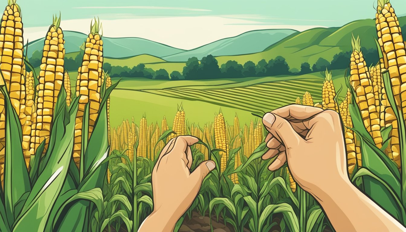 A lush cornfield with ripe ears of corn, surrounded by healthy green crops. A farmer's hand reaches out to pluck a golden cob