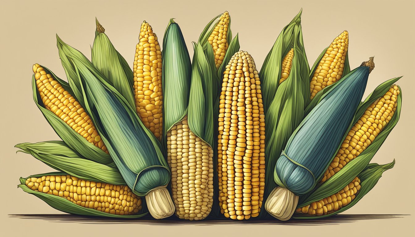 A vibrant assortment of corn cobs, each representing a different variety, neatly arranged on a wooden table with no butter in sight