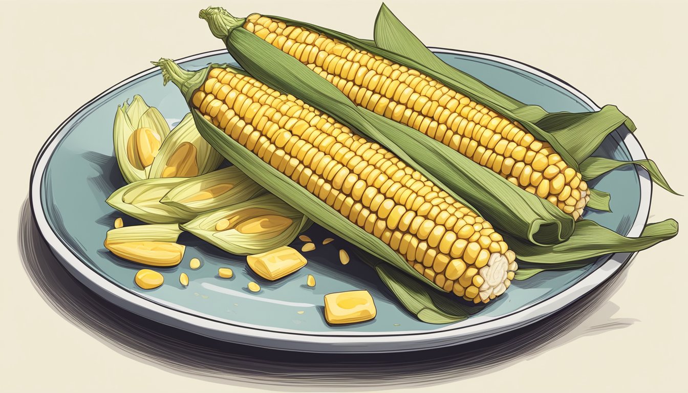 A plate with a steamed corn on the cob, with no butter, next to a calorie counter