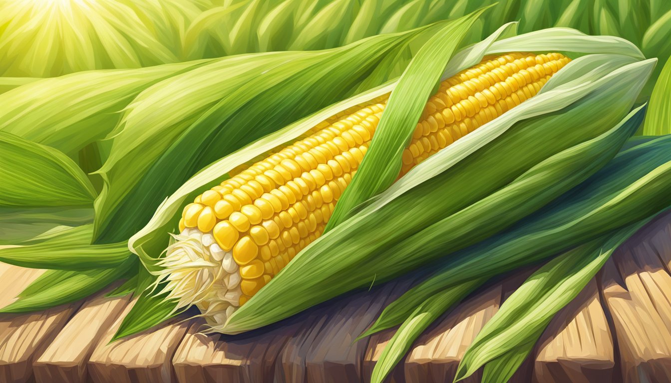 A fresh ear of corn on the cob with no butter, surrounded by vibrant green corn stalks in a sunny field