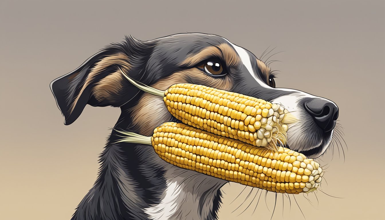 A dog happily chewing on a cooked ear of corn