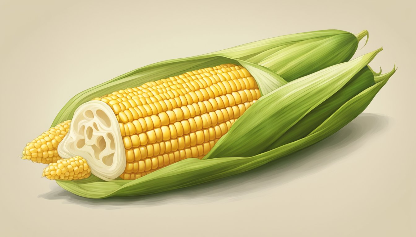 A close-up of a fresh ear of corn on the cob, with the husk partially peeled back to reveal the kernels