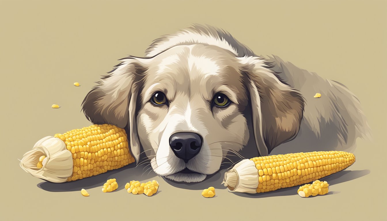 A dog happily chewing on a cob of corn, with a small pile of corn kernels nearby