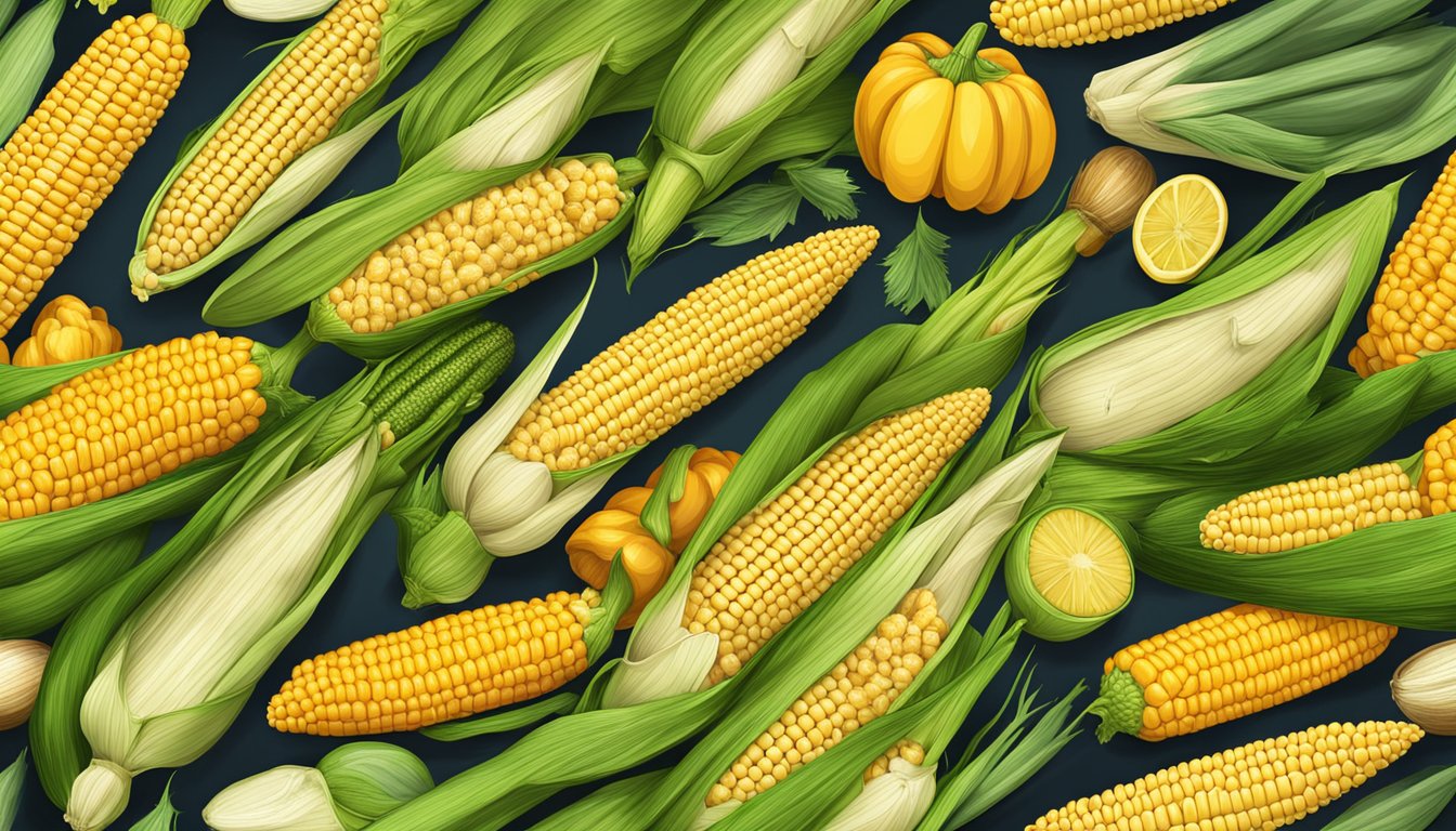 A colorful array of fresh corn on the cob, husks peeled back to reveal the golden kernels, surrounded by a variety of other high-fiber vegetables