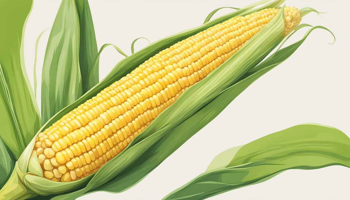 A colorful illustration of a fresh ear of corn on the cob with the FODMAP status symbol displayed above it