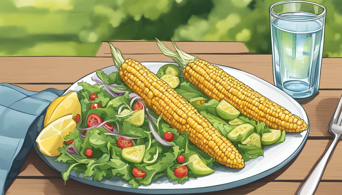 A picnic table with a plate of grilled corn on the cob, a bowl of low FODMAP salad, and a glass of water