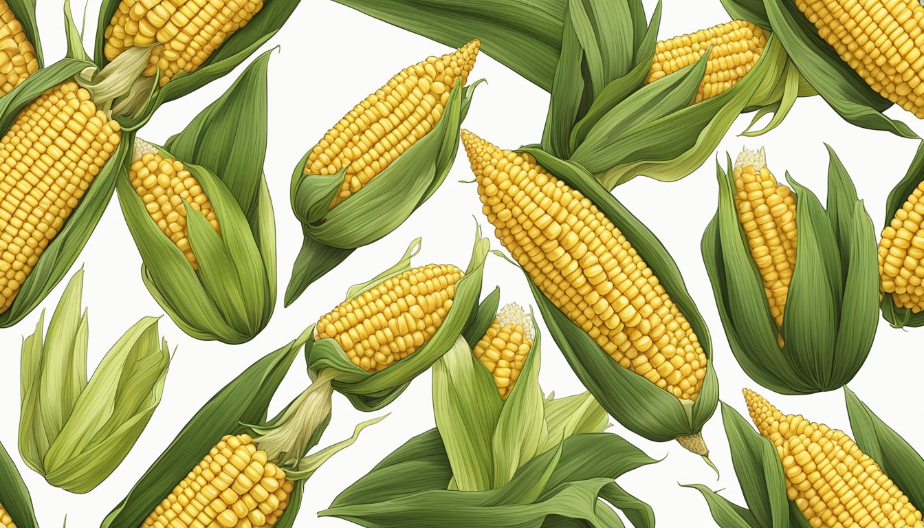 A fresh ear of corn on the cob with the husk partially peeled back, revealing the kernels and showcasing its nutritional profile