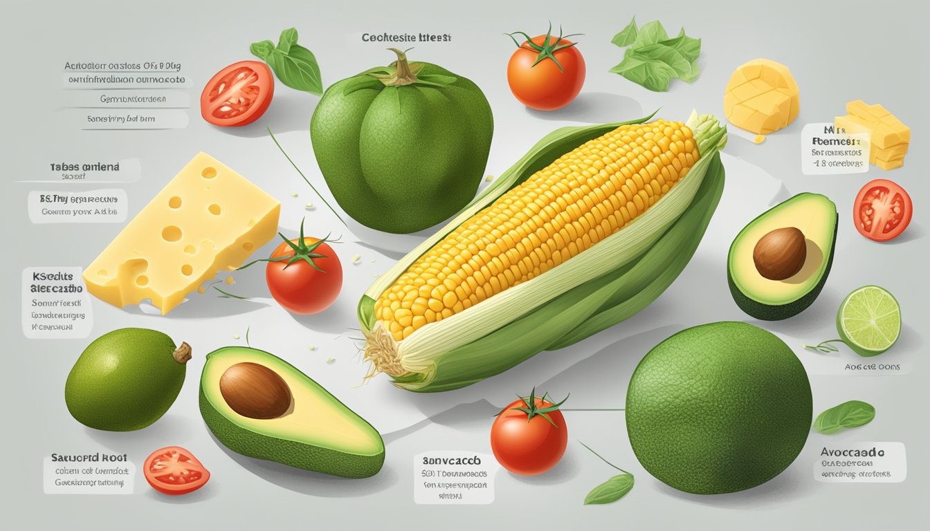 A fresh ear of corn on the cob, surrounded by keto-friendly ingredients like avocado, tomatoes, and cheese, with a nutritional profile chart in the background