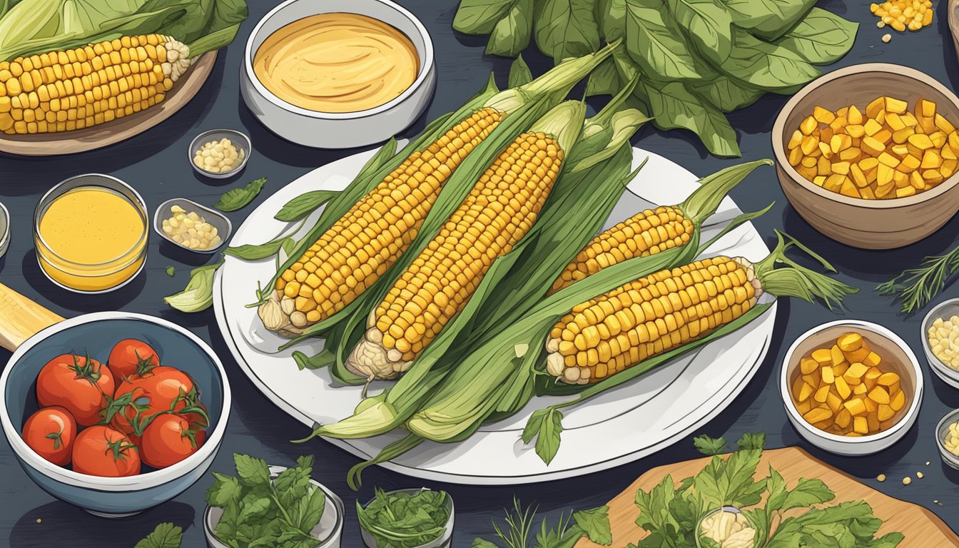 A colorful illustration of a rustic kitchen table with a plate of freshly grilled corn on the cob, surrounded by various low FODMAP-friendly vegetables and herbs