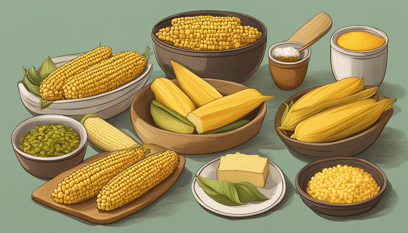 A colorful display of various corn-based dishes, including corn on the cob, tamales, and cornbread, representing cultural significance and culinary diversity