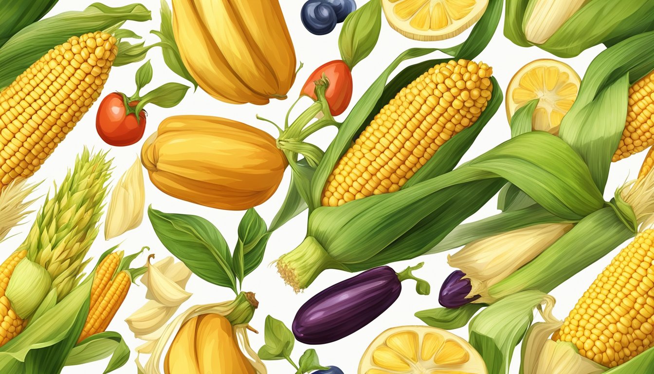 A colorful illustration of a fresh ear of corn on the cob with a focus on the kernels and husk, surrounded by a variety of nutritious foods