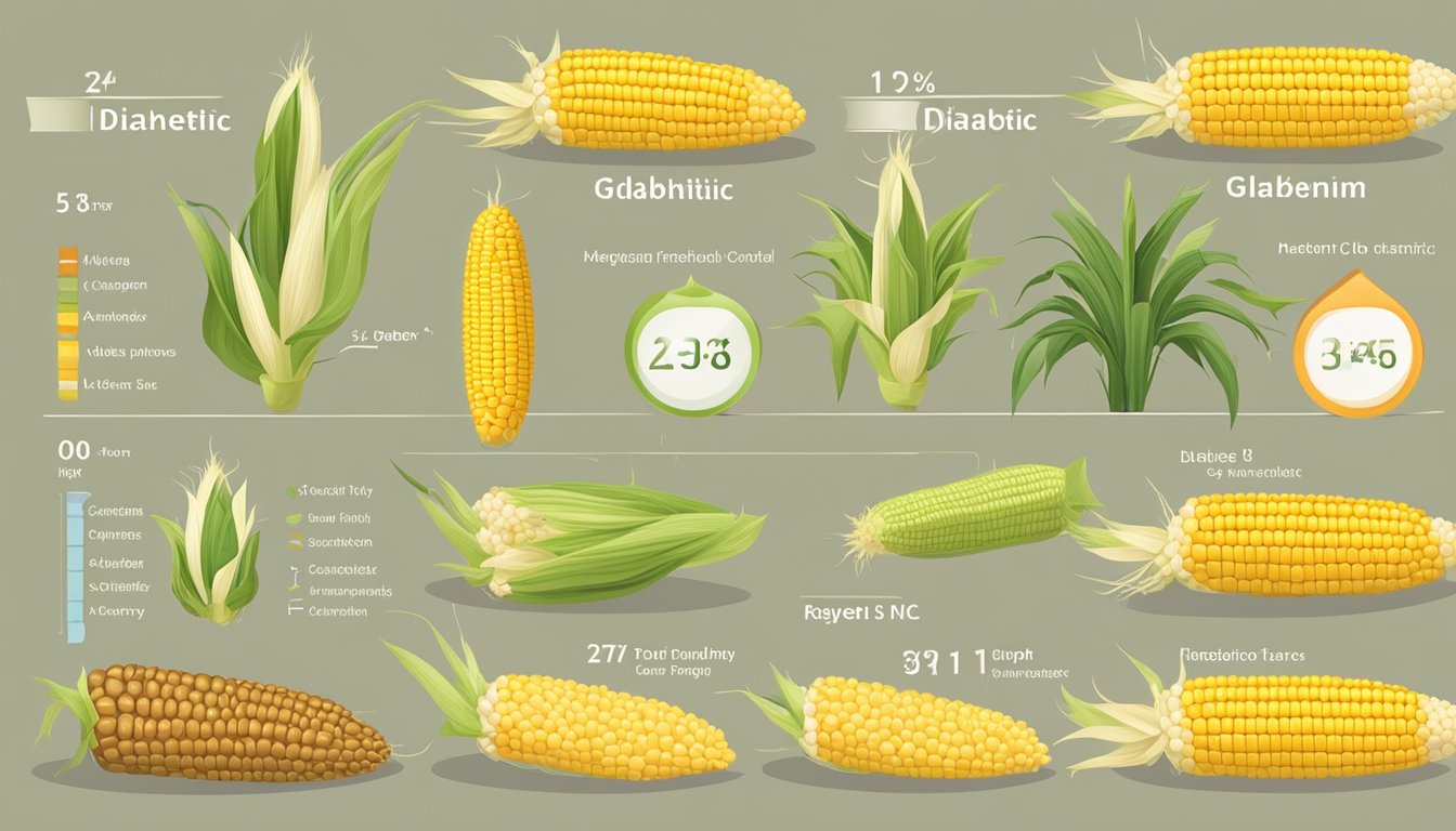 A variety of corn cobs arranged next to a glycemic index chart, with a diabetic-friendly label