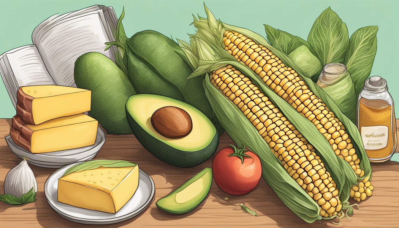 A vibrant corn on the cob surrounded by keto-friendly ingredients like avocado, bacon, and cheese, with a keto recipe book in the background