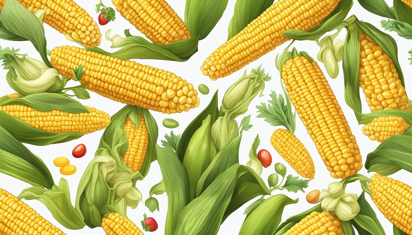 A golden ear of corn on the cob surrounded by scattered potassium-rich vegetables and fruits