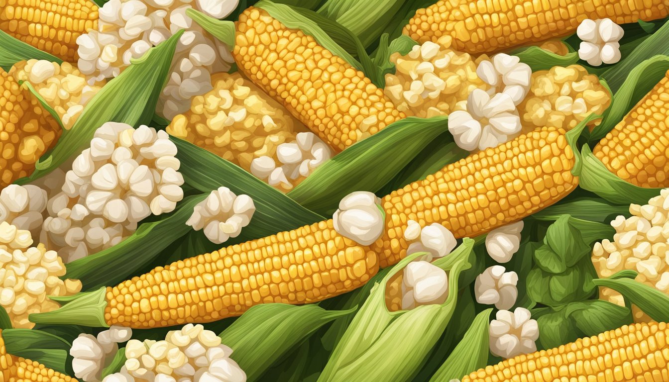 An ear of corn with kernels in various forms, such as popcorn, tortilla, and cornmeal, surrounded by scattered potassium-rich vegetables