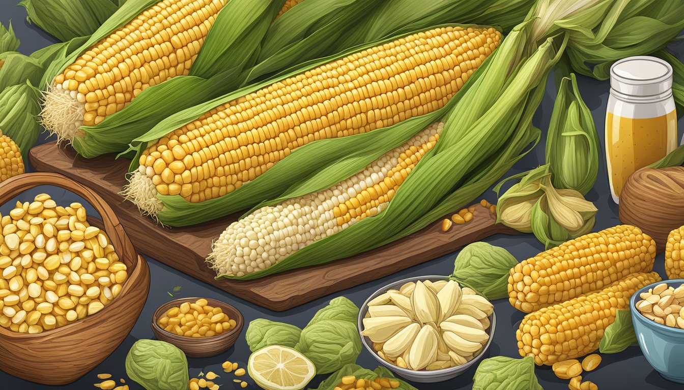 A pile of fresh corn on the cob surrounded by various foods rich in potassium