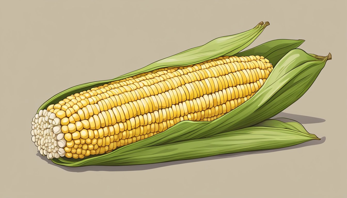 A fresh ear of corn on the cob with husk partially peeled back, revealing the kernels and fibrous strands