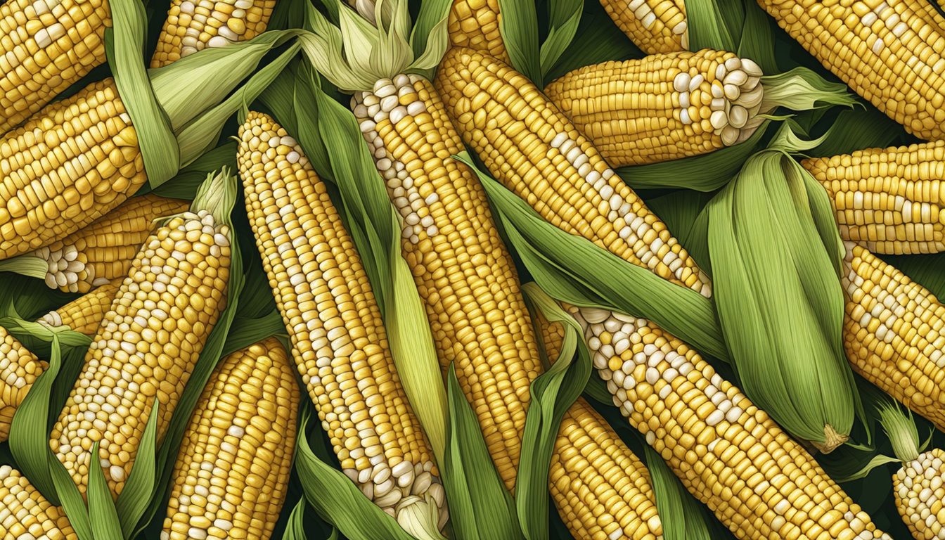 A pile of fresh corn on the cob with husks partially peeled back, revealing the golden kernels and fibrous strands