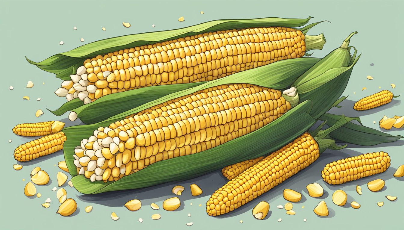 A pile of fresh corn on the cob with visible kernels and husks, surrounded by scattered loose corn kernels