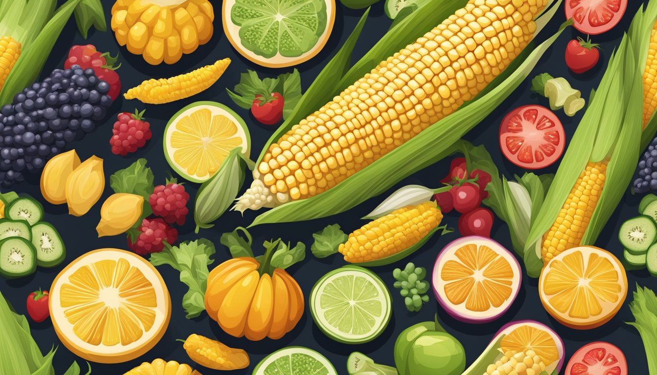 A colorful array of corn on the cob surrounded by a variety of foods representing different diets, including fruits, vegetables, and grains