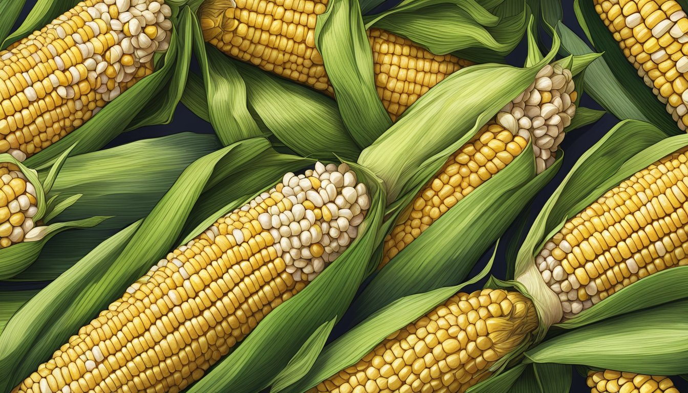 A pile of fresh corn on the cob with husks peeled back, revealing the kernels and fibrous strands