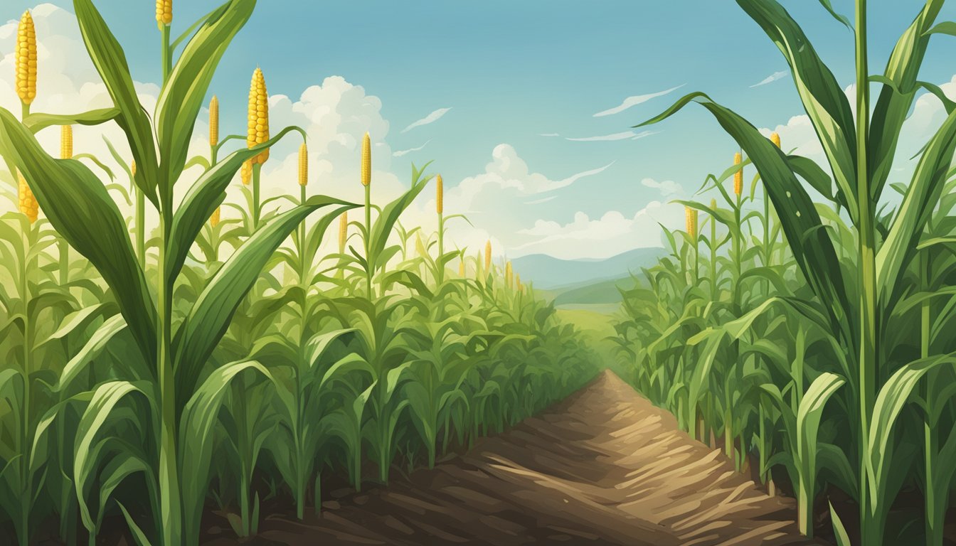 A lush green field of tall corn stalks, with a few ears of corn on the cob visible. The soil is rich and dark, and there are signs of agricultural activity nearby