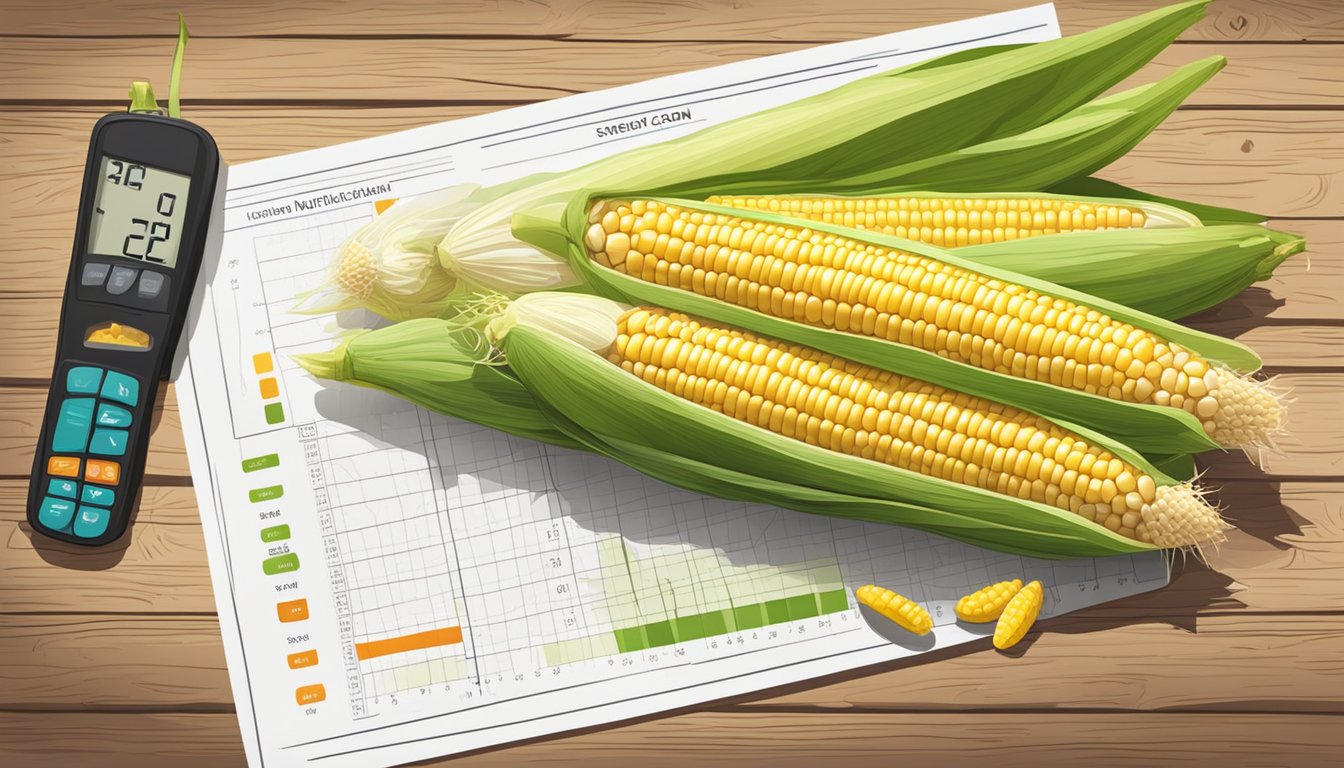 A pile of fresh corn on the cob with husks partially peeled, displayed on a wooden table next to a scale and a nutrition chart