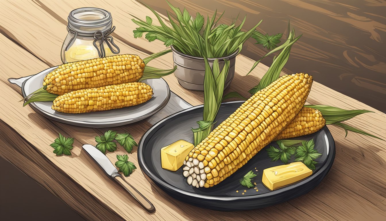 A rustic wooden table with a plate of grilled corn on the cob, accompanied by a pat of butter and a sprinkle of herbs