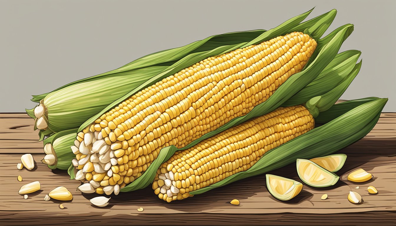 A pile of fresh corn on the cob, with husks partially peeled back, sitting on a rustic wooden table