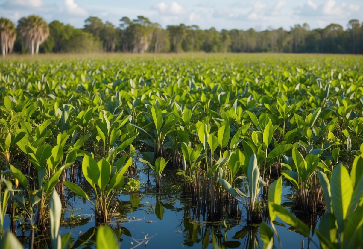 A dense Florida wetland with native plants being overtaken by invasive species, crowding out the natural biodiversity