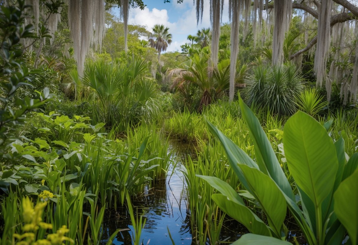 A lush Florida wetland teeming with native plants and animals, overshadowed by aggressive invasive species encroaching on the delicate ecosystem