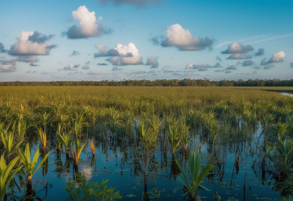 A dense Florida wetland overrun by invasive species, choking out native plants and disrupting the delicate balance of the ecosystem