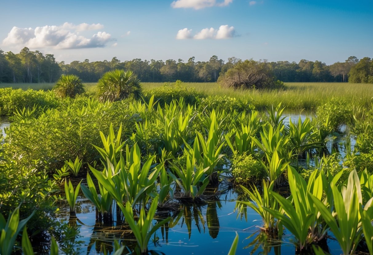 A lush Florida wetland with native plants and animals being overtaken by invasive species, disrupting the delicate balance of biodiversity