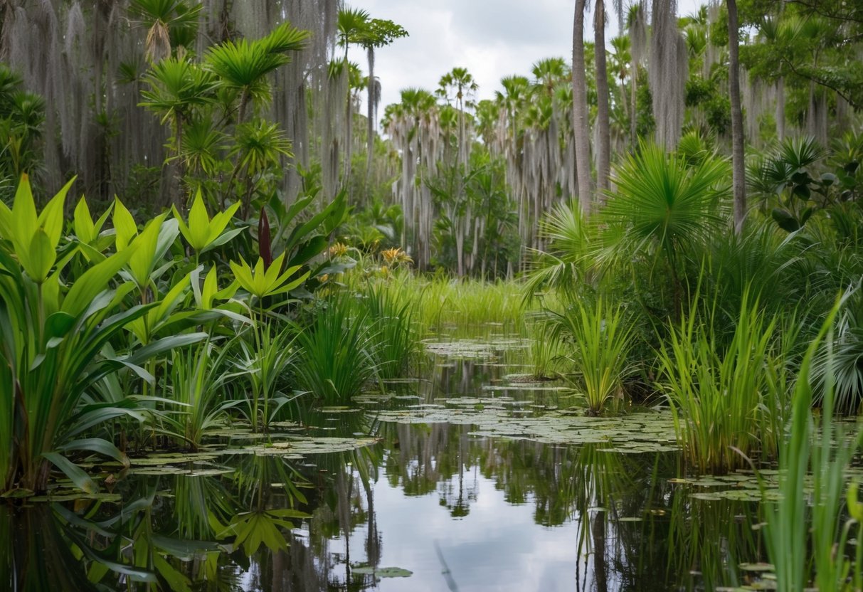 A lush Florida wetland teeming with native plants and wildlife, overshadowed by the presence of invasive species choking out the natural biodiversity