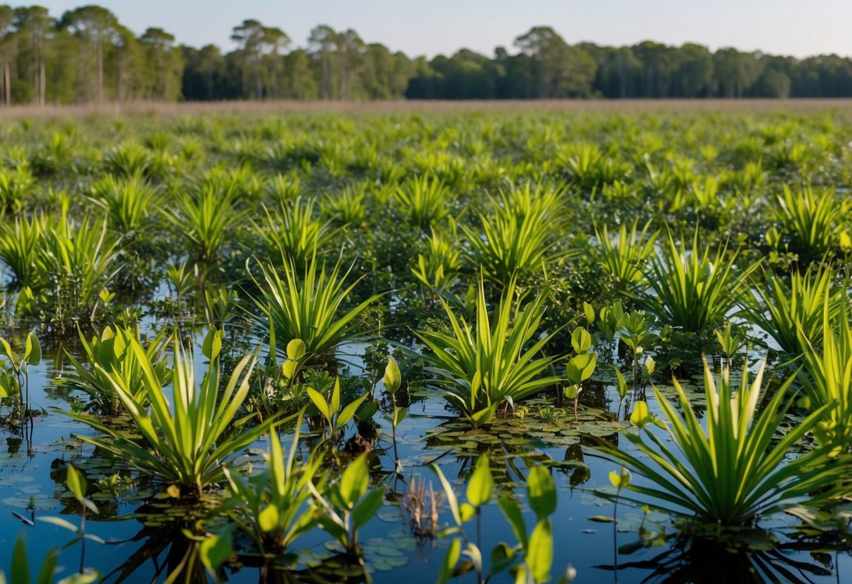 A dense Florida wetland with native plants being overtaken by invasive species, disrupting the natural balance of the ecosystem