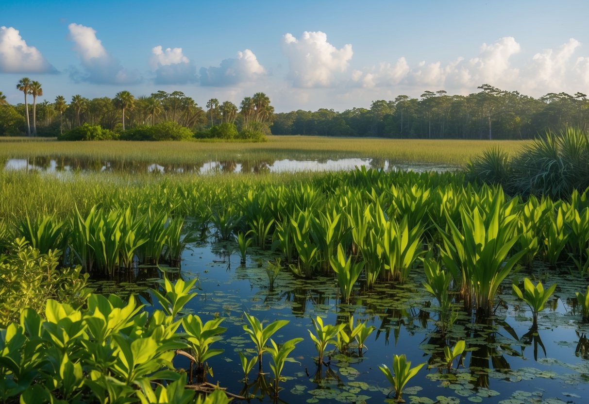 A lush Florida wetland with native plants and animals being threatened by invasive species encroaching on the ecosystem