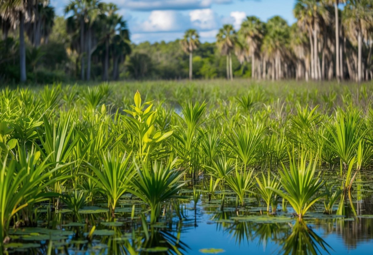 A lush Florida wetland with native plants being overtaken by invasive species due to rising temperatures and changing precipitation patterns