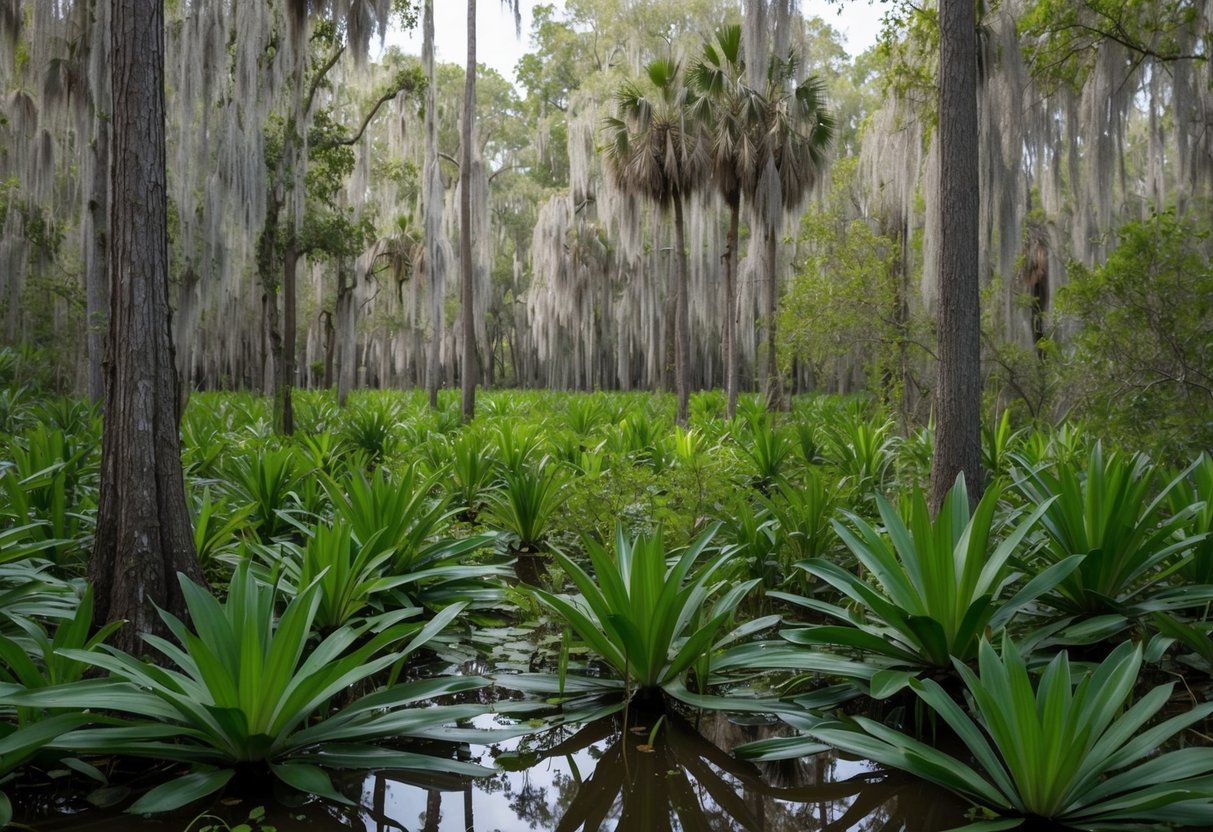 A swamp in Florida with native plants being overtaken by invasive species due to climate change