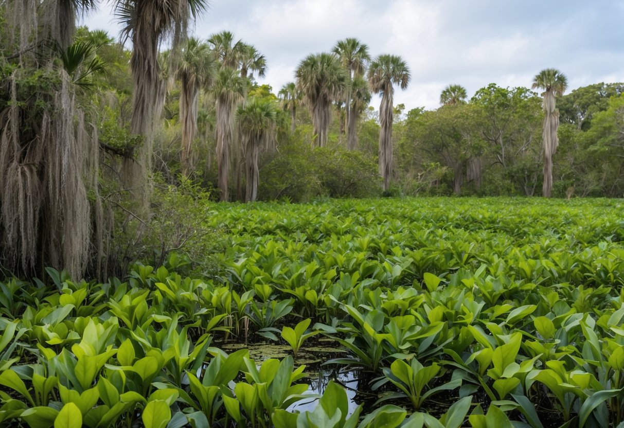 A dense, tangled thicket of non-native plants overtaking a Florida wetland, while native species struggle to survive in the changing climate