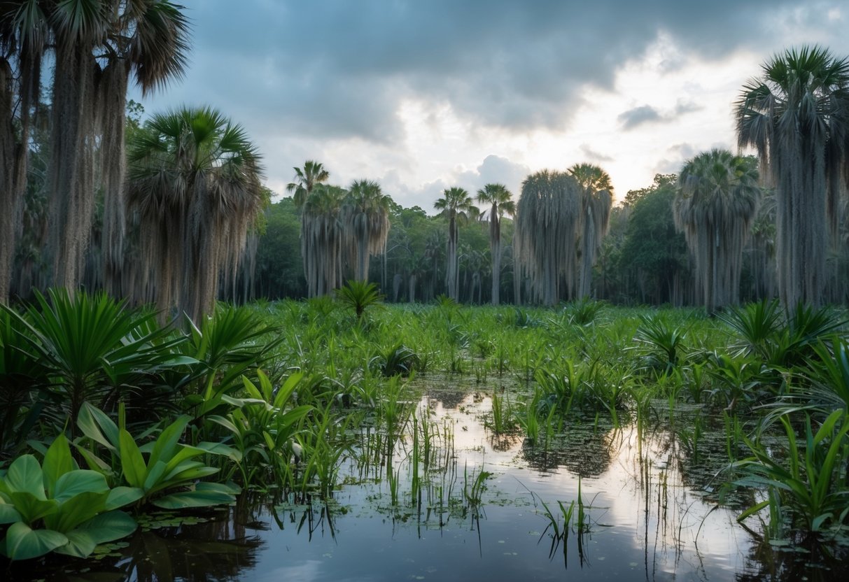 A dense, humid Florida swamp with invasive species overtaking native plants and animals, while rising temperatures and changing weather patterns exacerbate the ecological imbalance