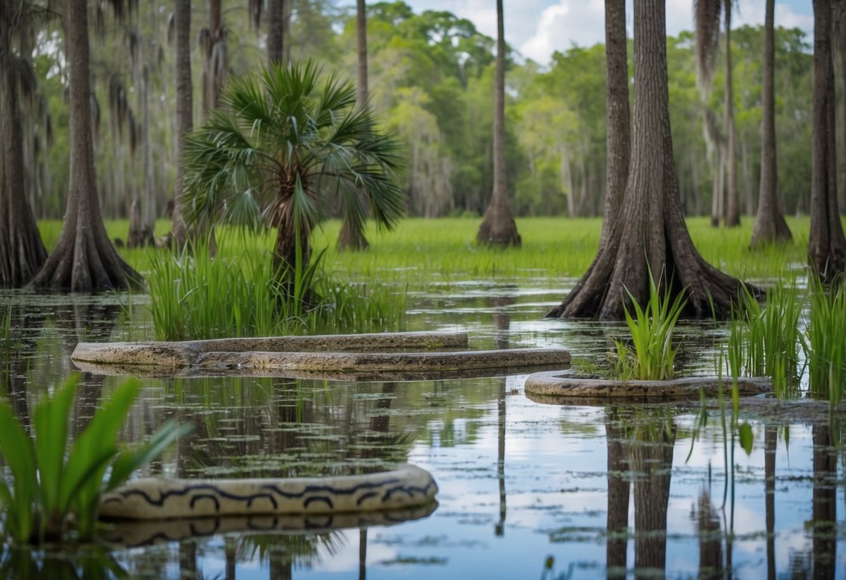 A swamp landscape in Florida with invasive species thriving in the changing climate, such as Burmese pythons and Brazilian pepper trees