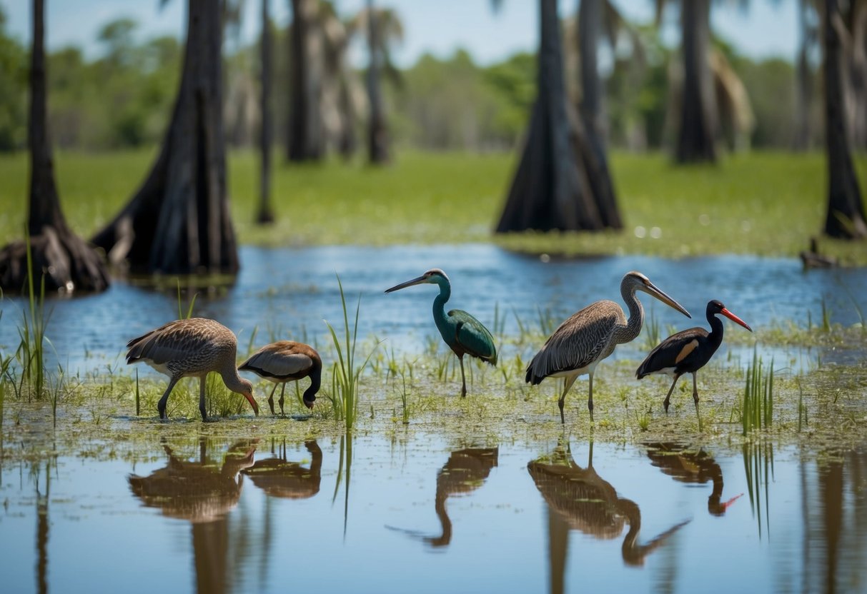 A swampy Florida landscape with native wildlife and invasive species interacting under the influence of changing climate