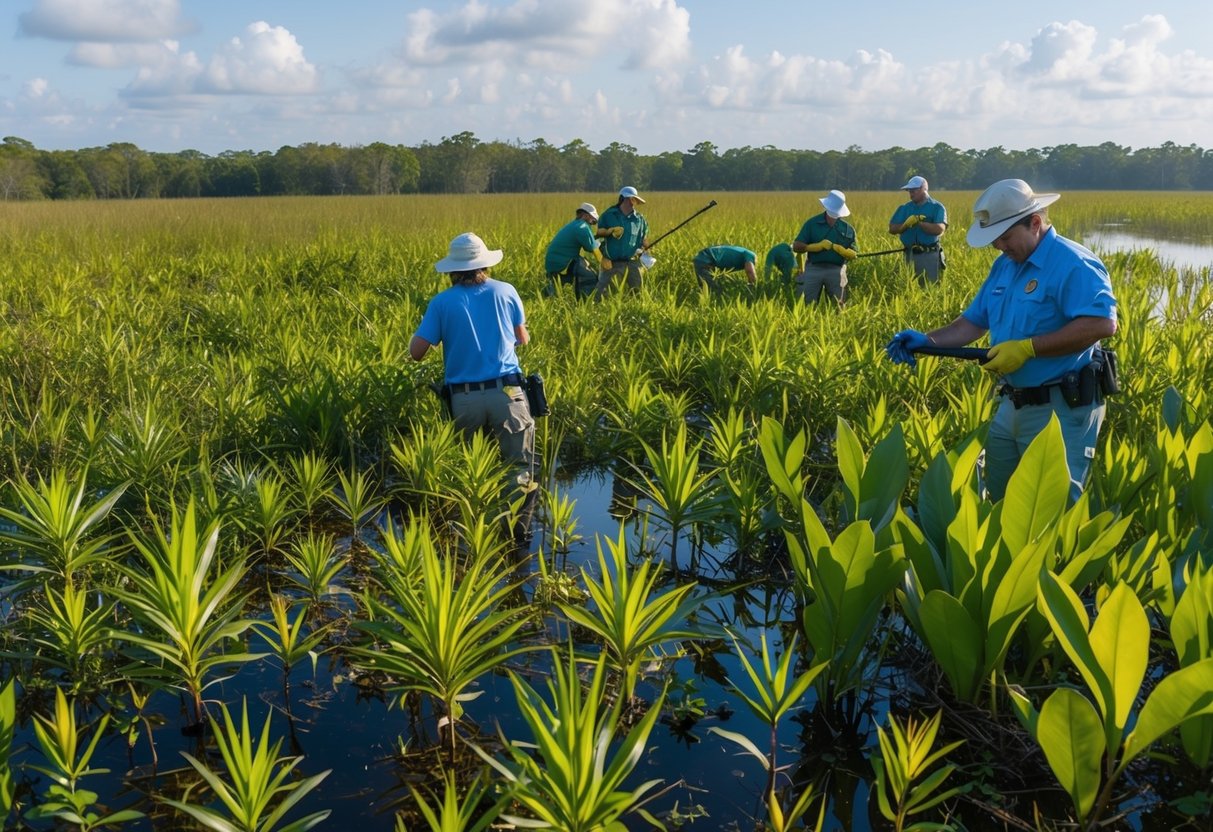 A dense Florida wetland with invasive species overtaking native plants, while conservationists work to remove them