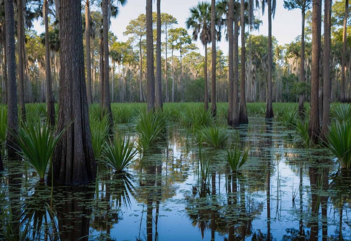 A swamp in Florida with native flora and fauna being overtaken by invasive species due to climate change