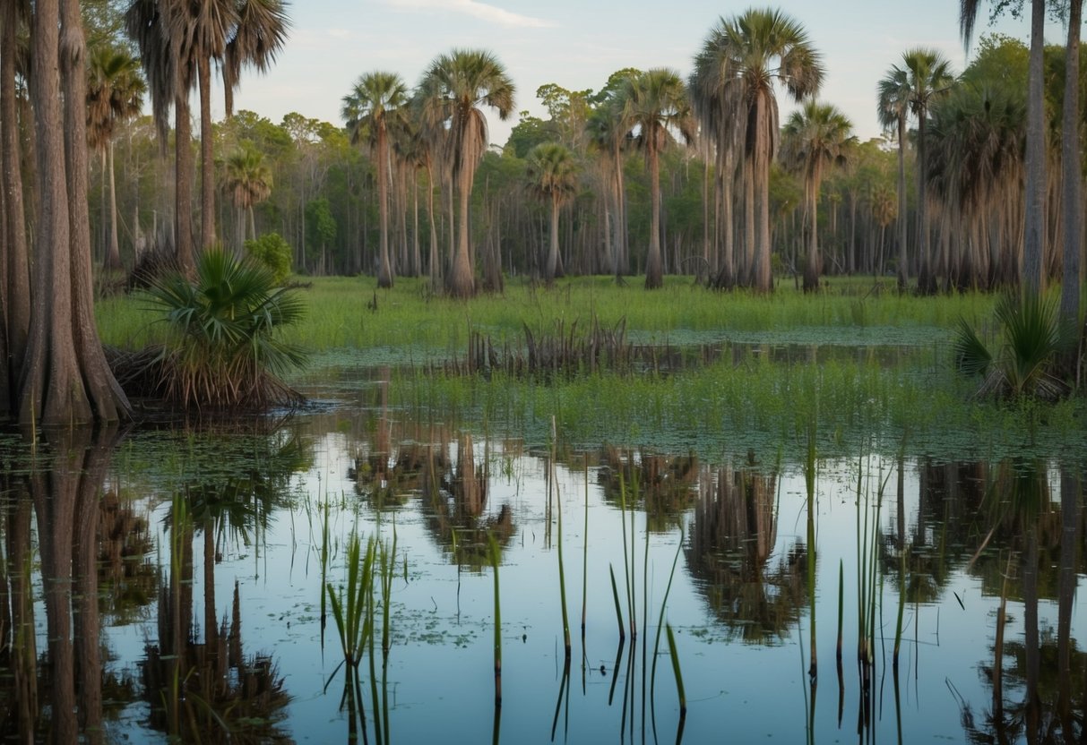 A swampy Florida landscape with native flora and fauna being overtaken by invasive species due to the effects of climate change