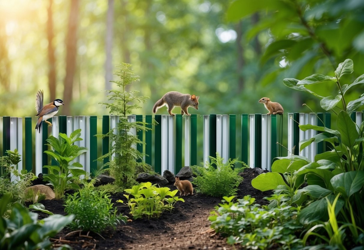 A diverse ecosystem with native plants and animals being protected from invasive species by a barrier or barrier-like structure