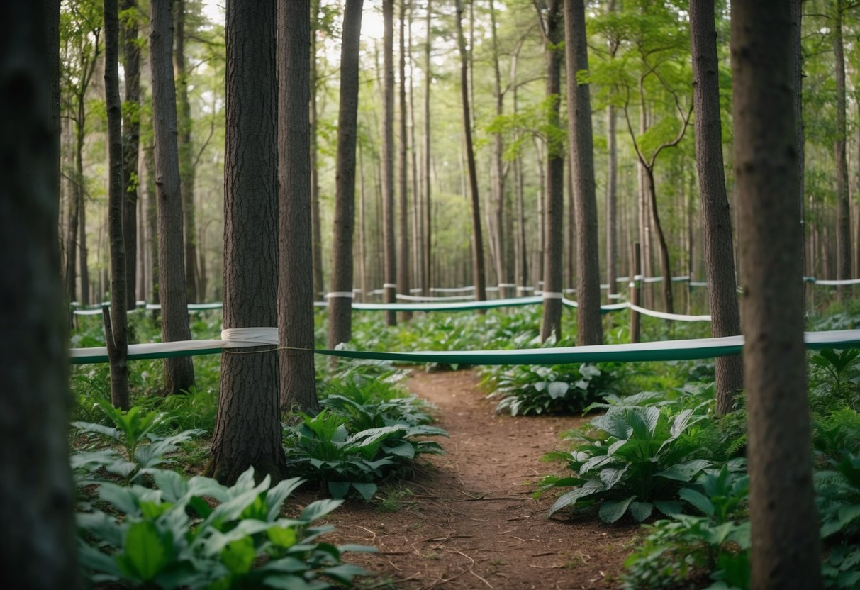 A serene forest with native plants and animals, untouched by invasive species, while a barrier prevents the entry of non-native species