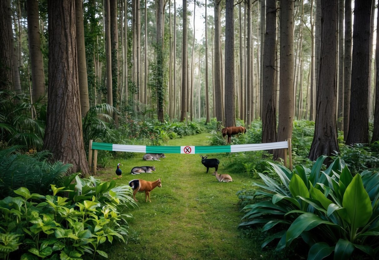 A tranquil forest with diverse plant life and animals. A barrier or sign indicates prevention measures against the spread of invasive species